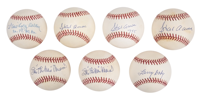 Lot of (7) Hall of Famer Single Signed ONL White/OAL Brown Baseballs Including (3) Hank Aaron and (2) Stan Musial (JSA Auction Letter)